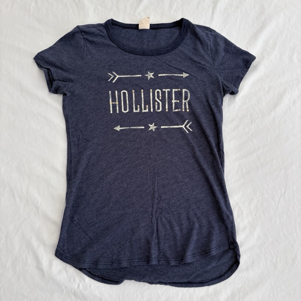 Hollister Y2K Preppy Baddie Blue & White  Short Sleeve‎ Logo Tee Medium Mallcore